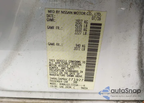 2016 Nissan Altima 2.5 S z USA, uszkodzony, nr VIN 1N4AL3AP6GC271927